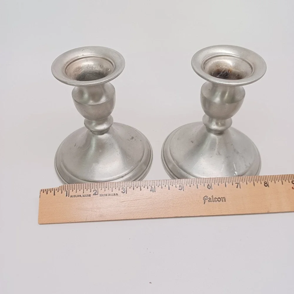 Web Pewter Weighted Candlestick Pair Silver Tone Taper Candle Holders Set of 2